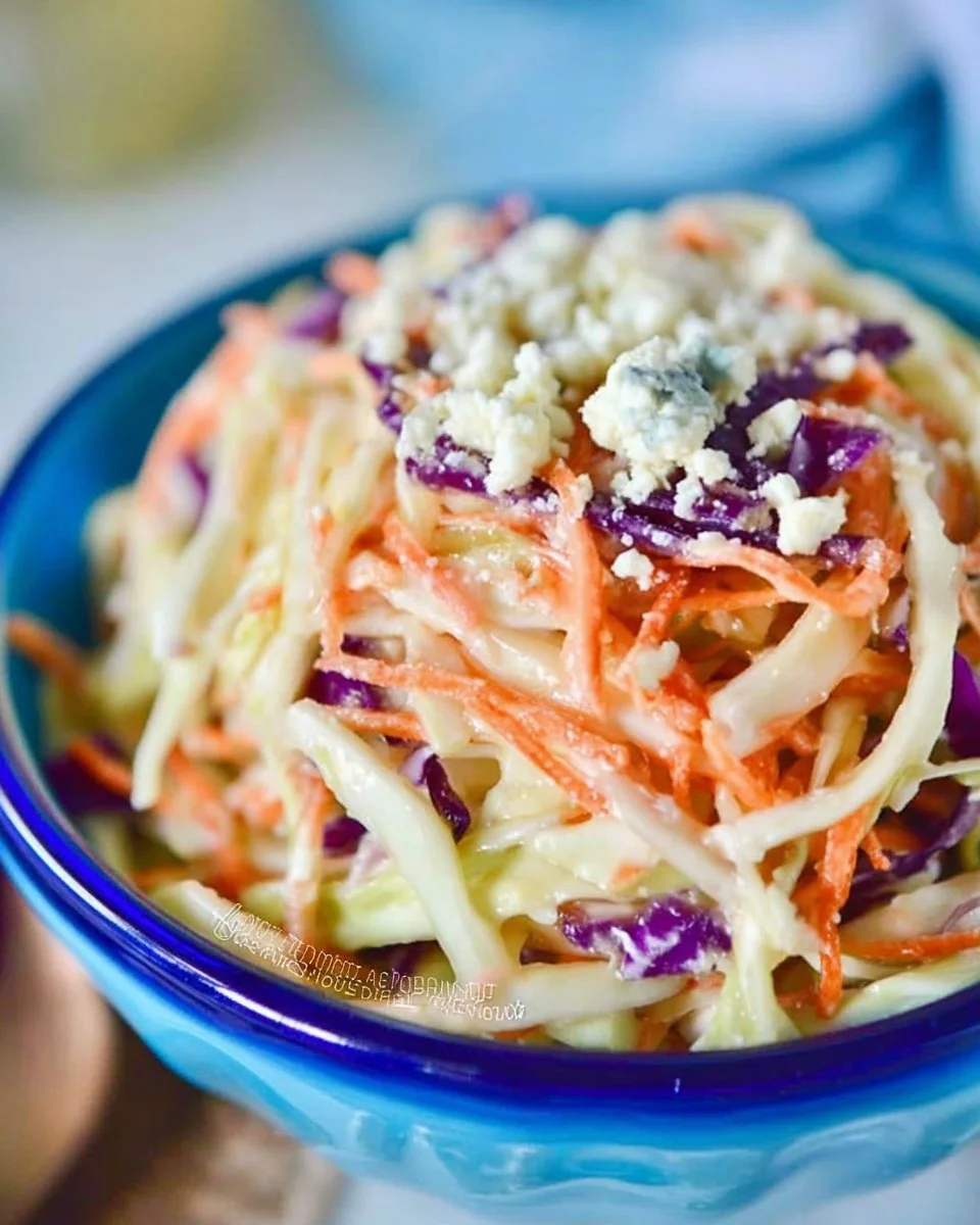 Delicious blue cheese coleslaw served in a bowl, garnished with fresh herbs.