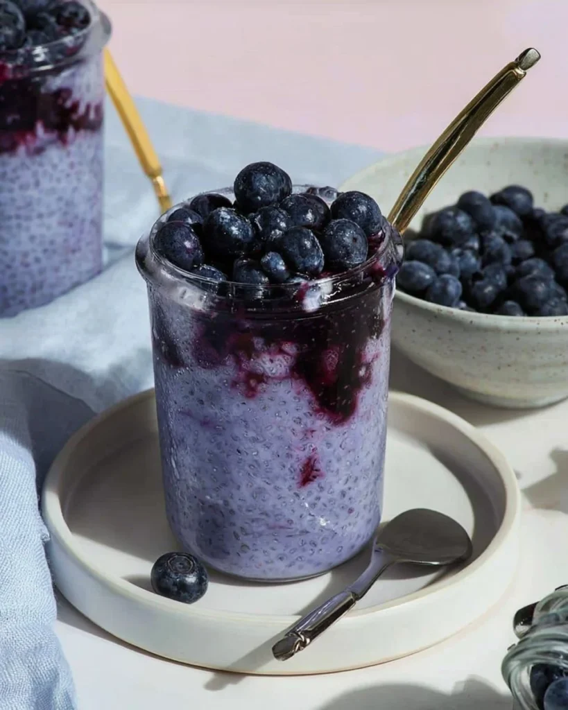 Blueberry milk chia pudding topped with fresh blueberries and coconut flakes.