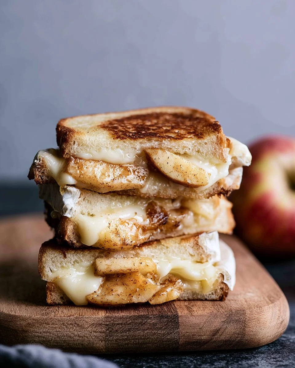 Brie grilled cheese with sliced apples on a plate