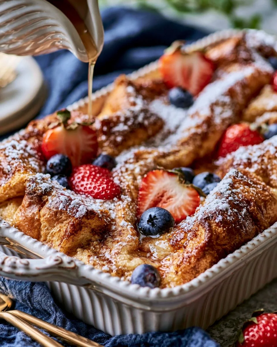 Delicious Brioche French Toast Casserole served in a baking dish