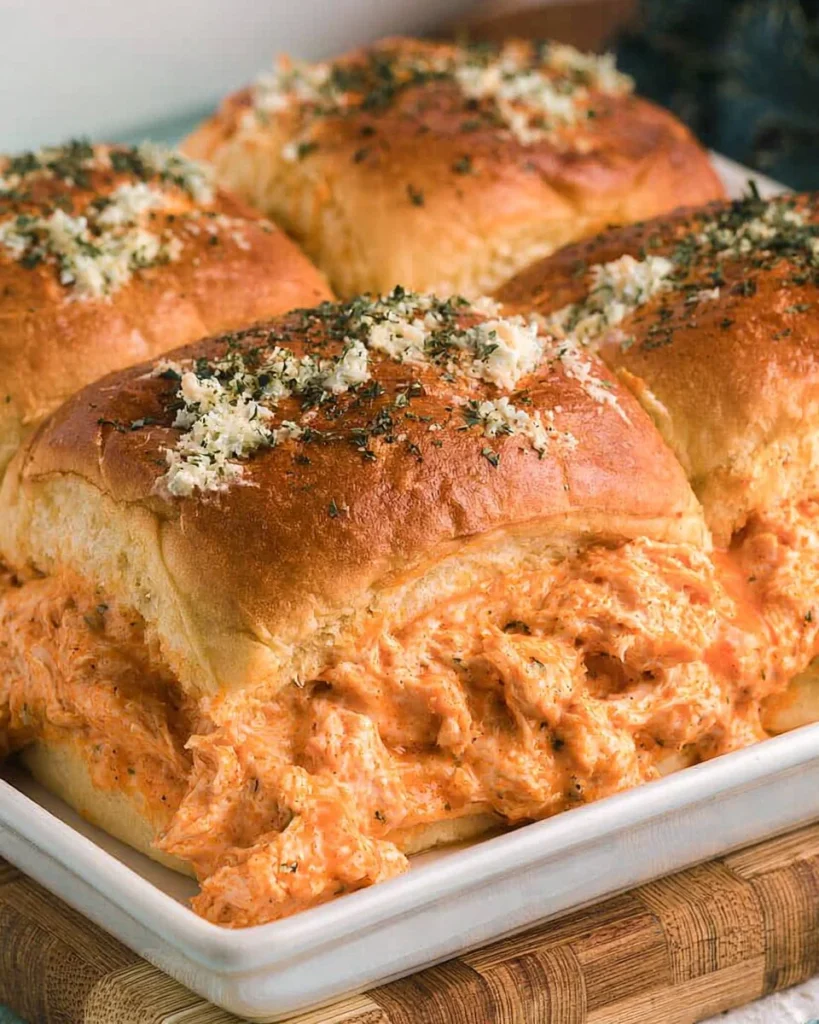 Buffalo Chicken Sliders served on a platter with dipping sauce