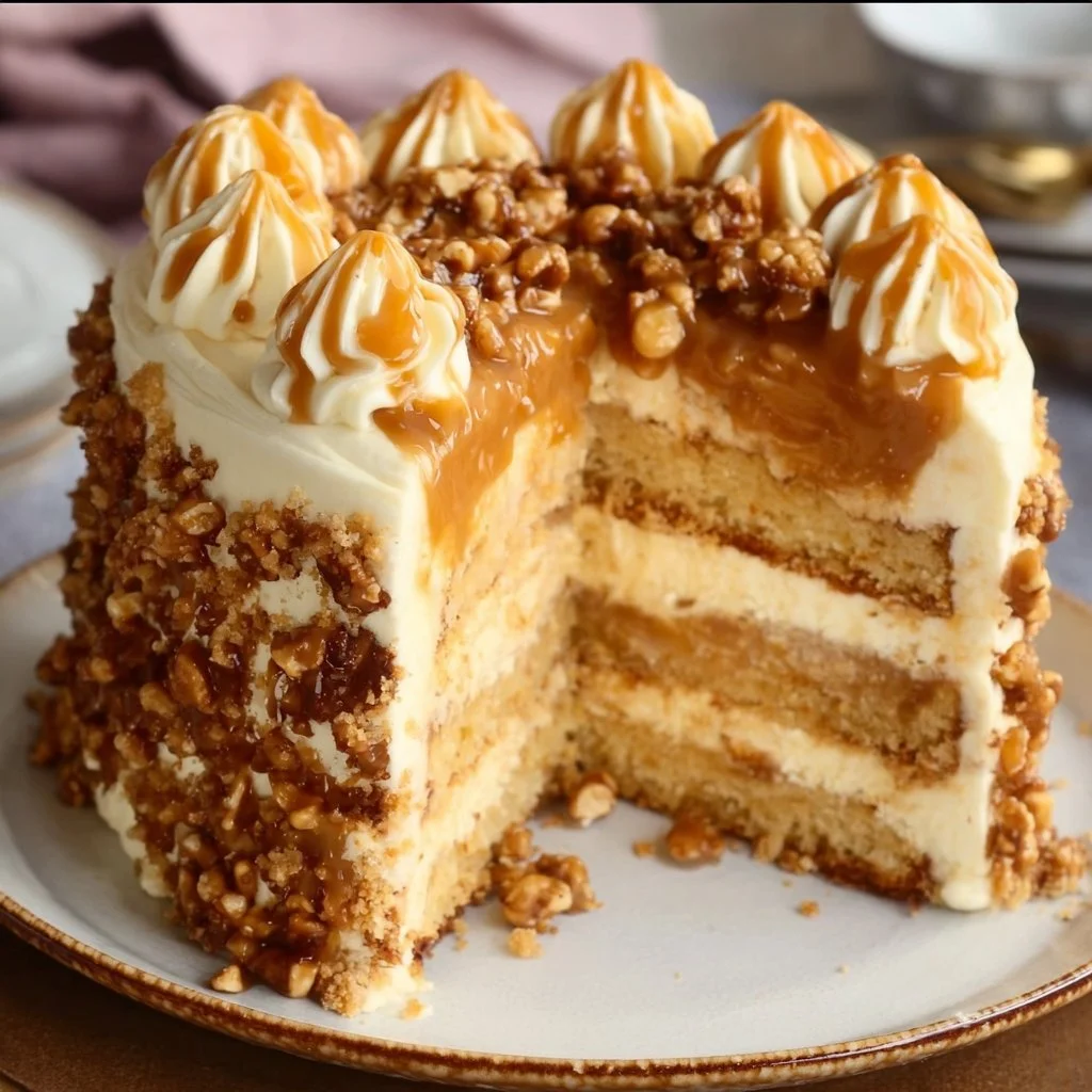 Delicious Butterscotch Crunch Cake with layers of butterscotch and a crunchy topping.