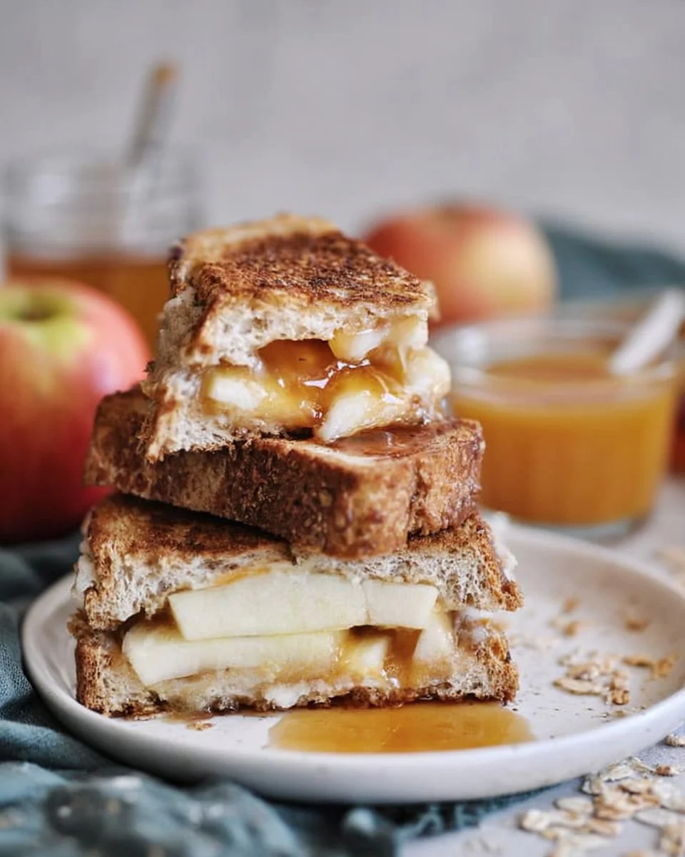 Caramel apple grilled cheese sandwich topped with melted cheese and caramel drizzle.