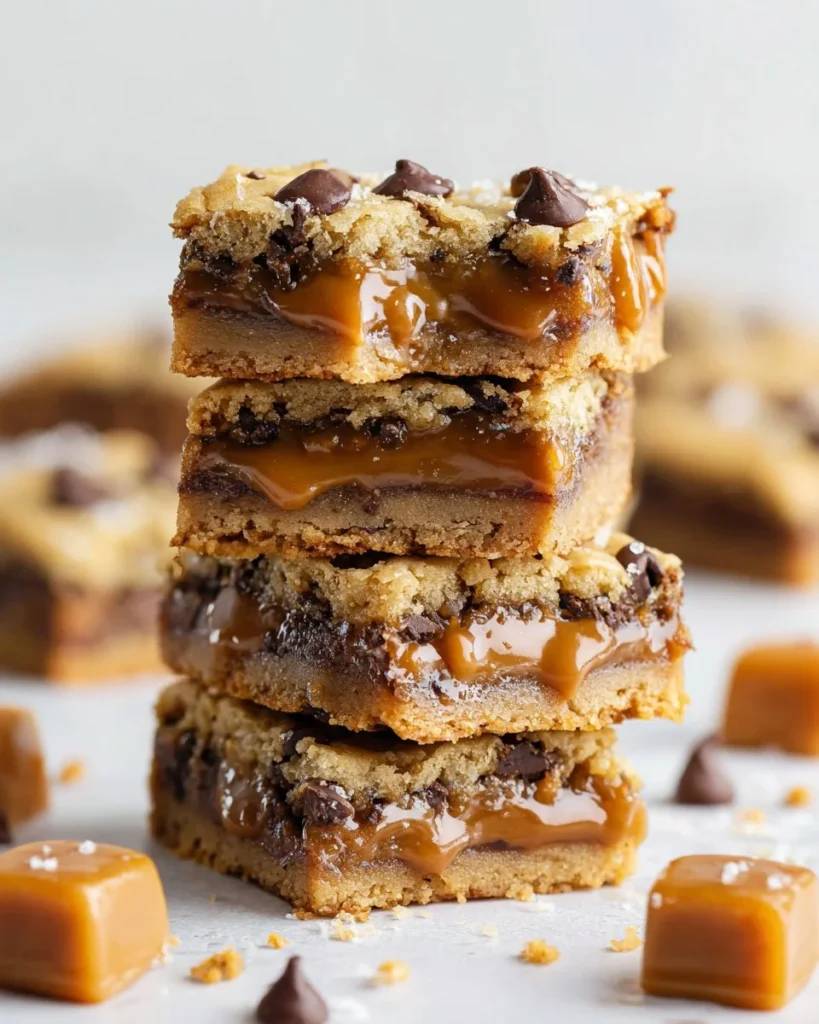 Delicious homemade caramel cookie bars stacked on a plate
