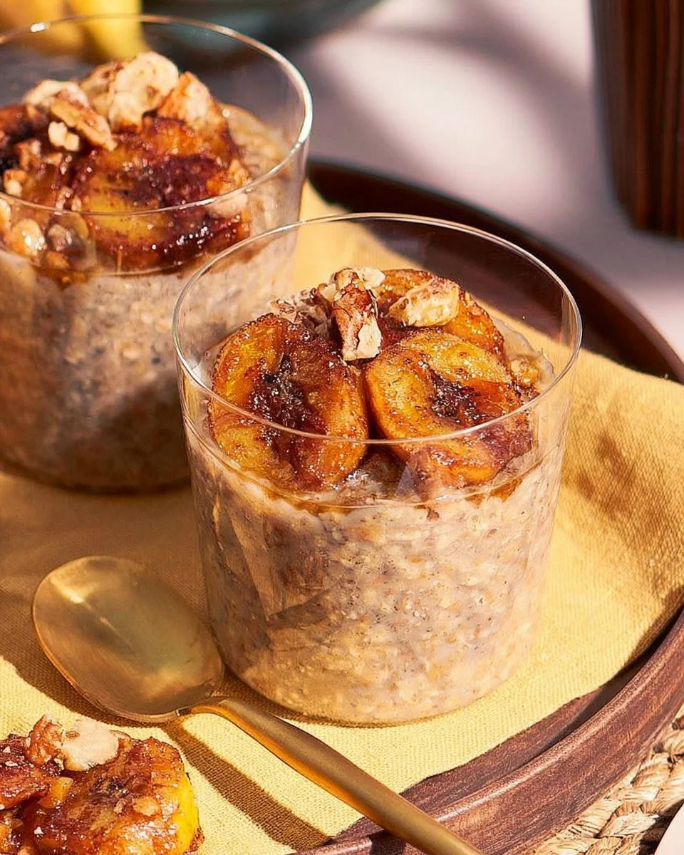 Bowl of caramelized banana bread overnight oats topped with fresh bananas and nuts