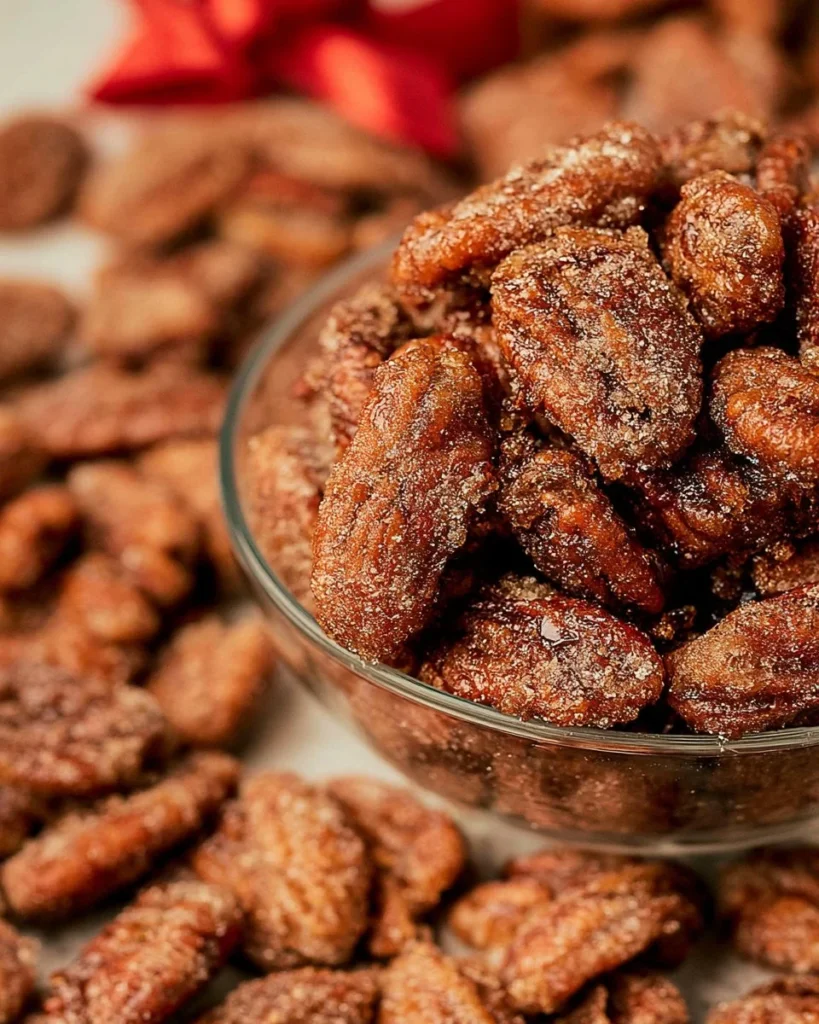 Delicious caramelized pecans in a bowl, perfect for recipes and snacks.