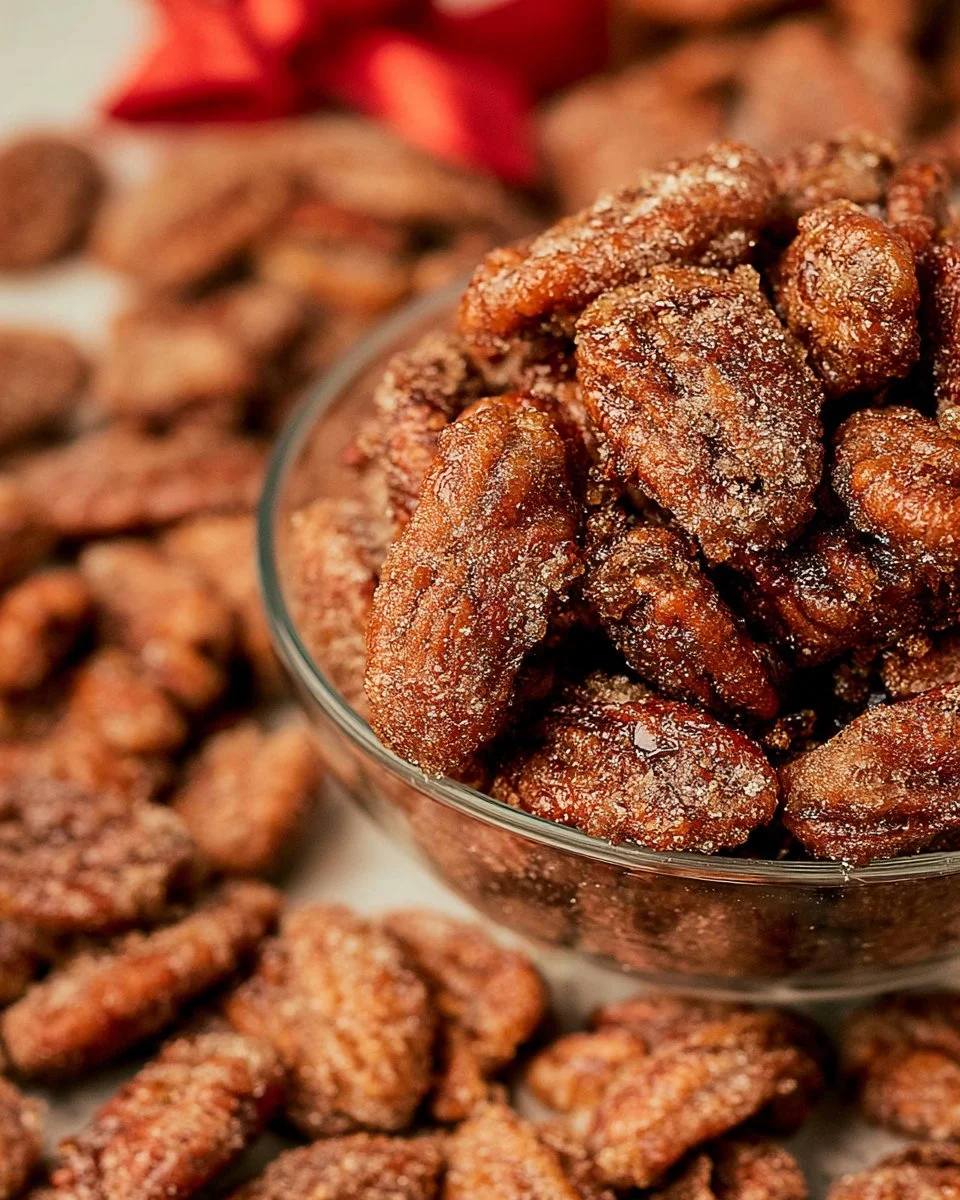 Delicious caramelized pecans in a bowl, perfect for recipes and snacks.