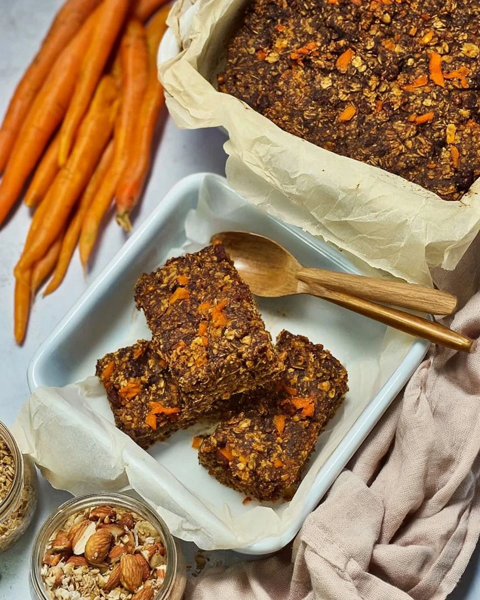 A bowl of healthy carrot cake baked oats topped with nuts and cream cheese frosting.
