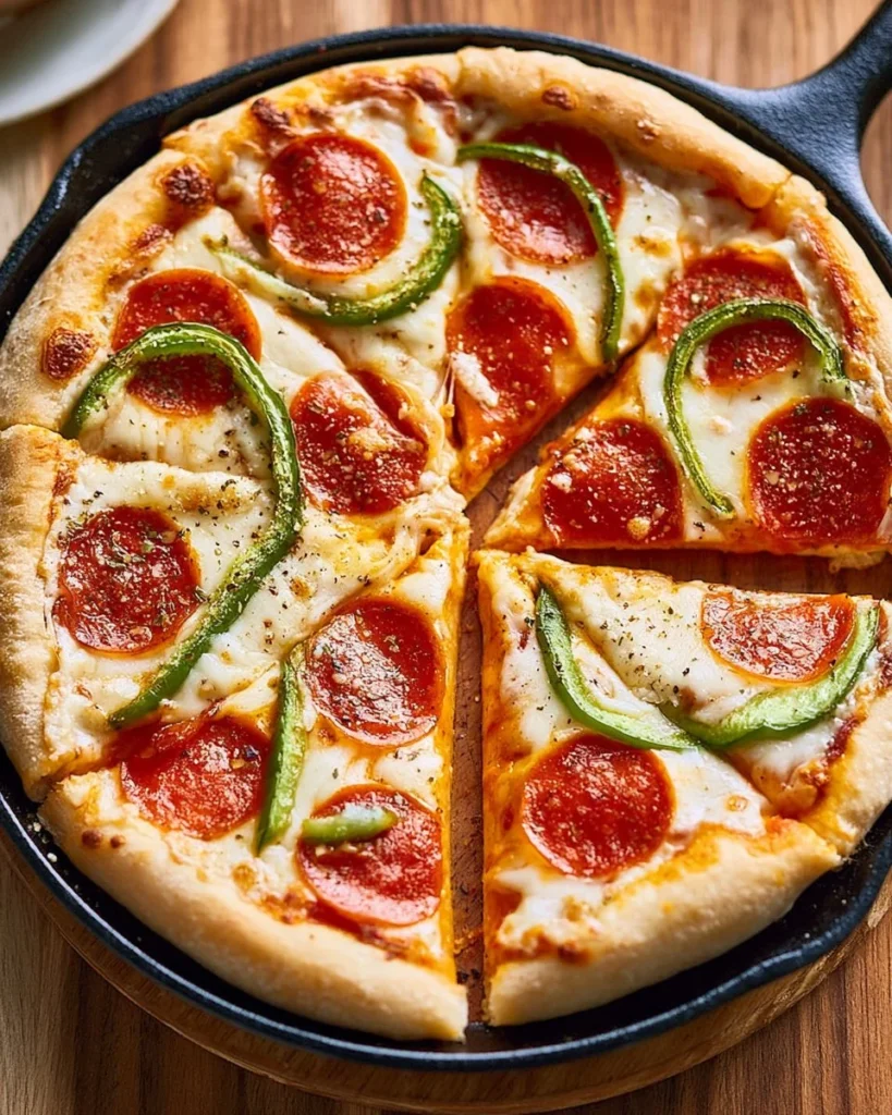 Delicious cast iron skillet pizza topped with cheese and fresh ingredients.