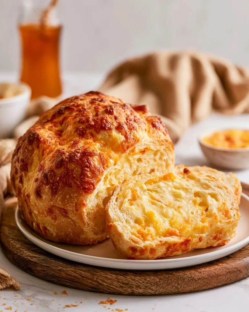 Freshly baked cheese bread loaf filled with gooey cheese.