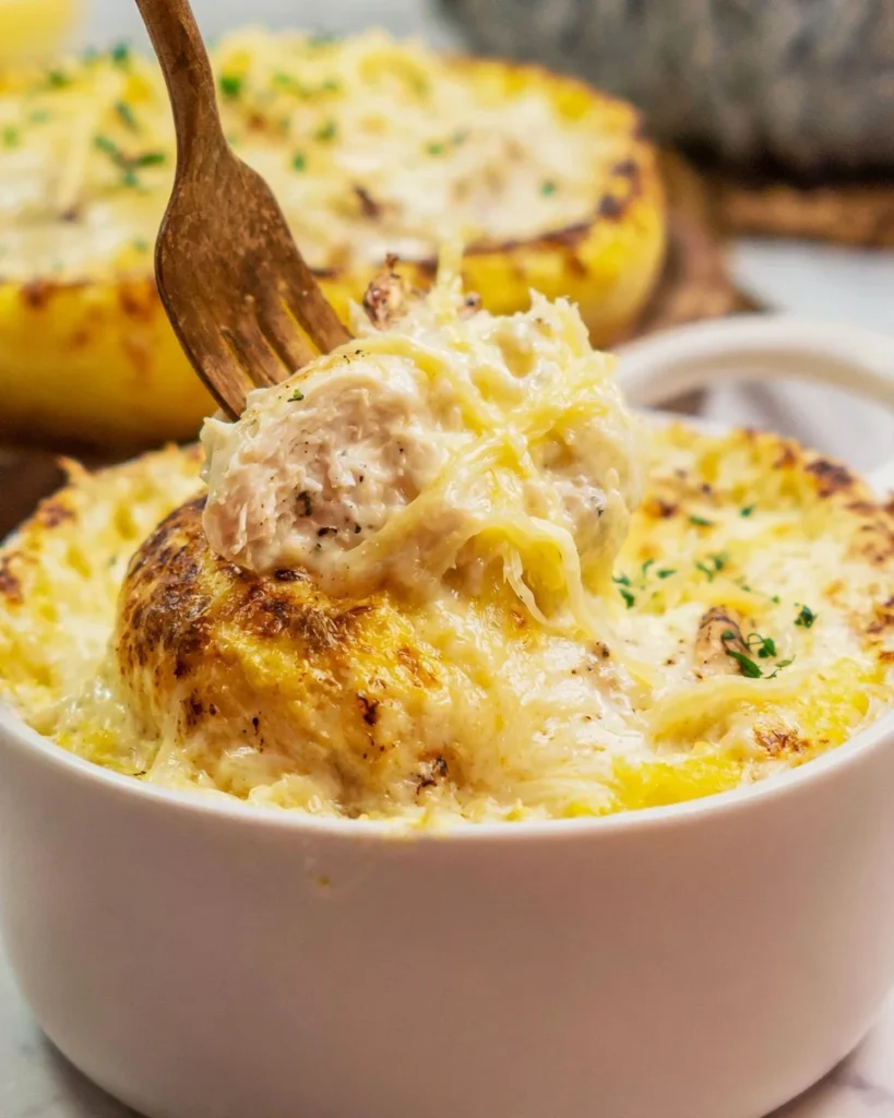 Creamy Chicken Alfredo served over spaghetti squash for a healthy meal.