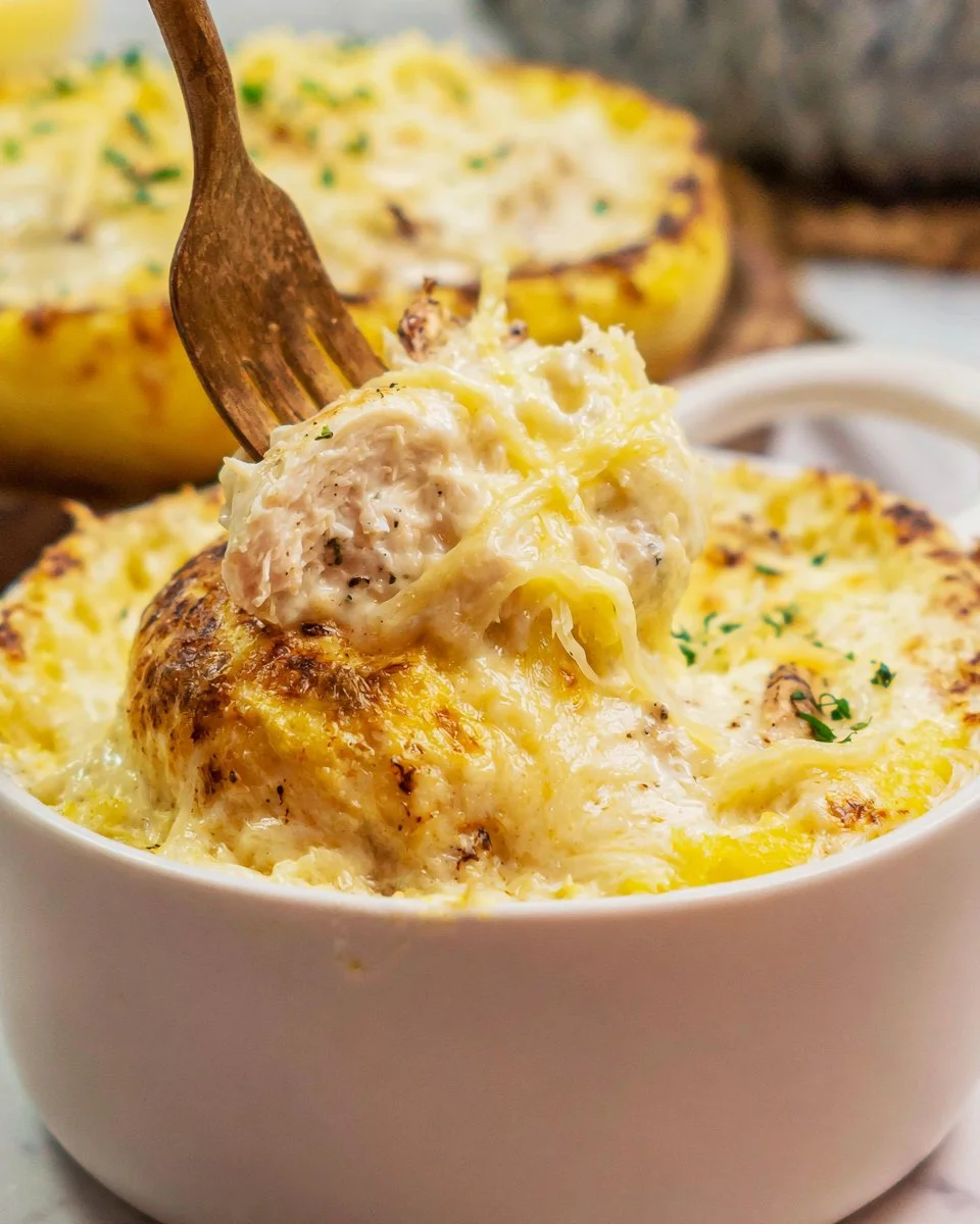 Creamy Chicken Alfredo served over spaghetti squash for a healthy meal.