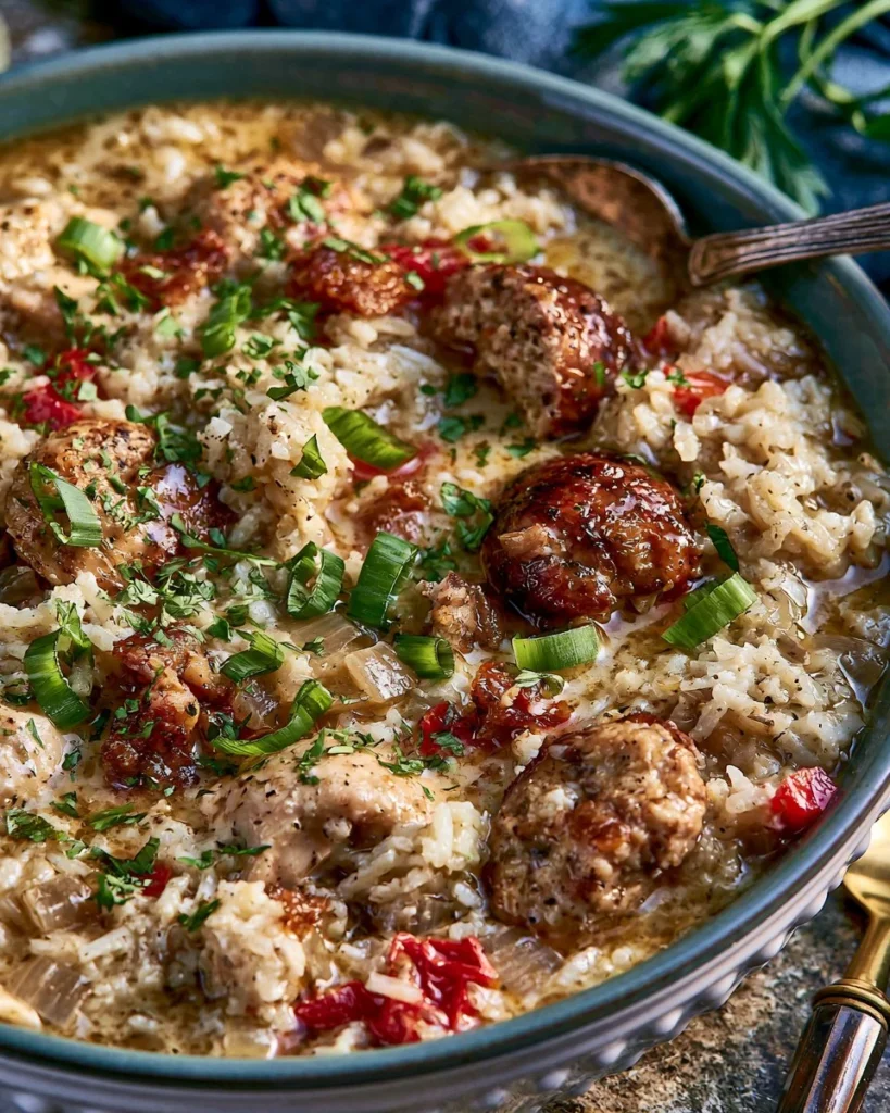 Delicious Chicken Bog served in a bowl with herbs and spices.
