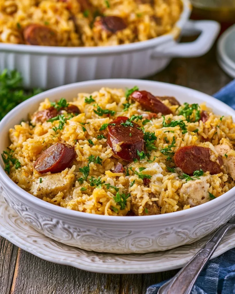 Delicious Chicken Bog Casserole topped with herbs and spices
