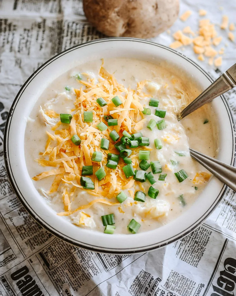 Bowl of creamy Chicken Chowder topped with herbs and served with crusty bread
