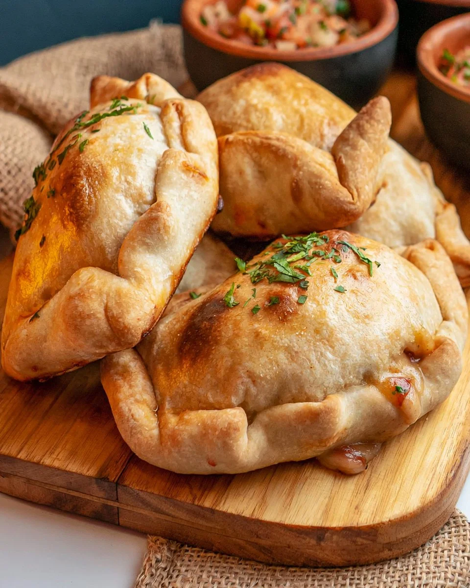 Golden brown chicken empanadas filled with tender chicken and spices