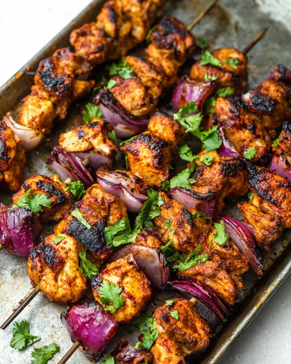Grilled Chicken Kabobs with colorful vegetables on skewers
