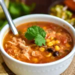 Bowl of savory Chicken Tortilla Soup topped with crispy tortilla strips