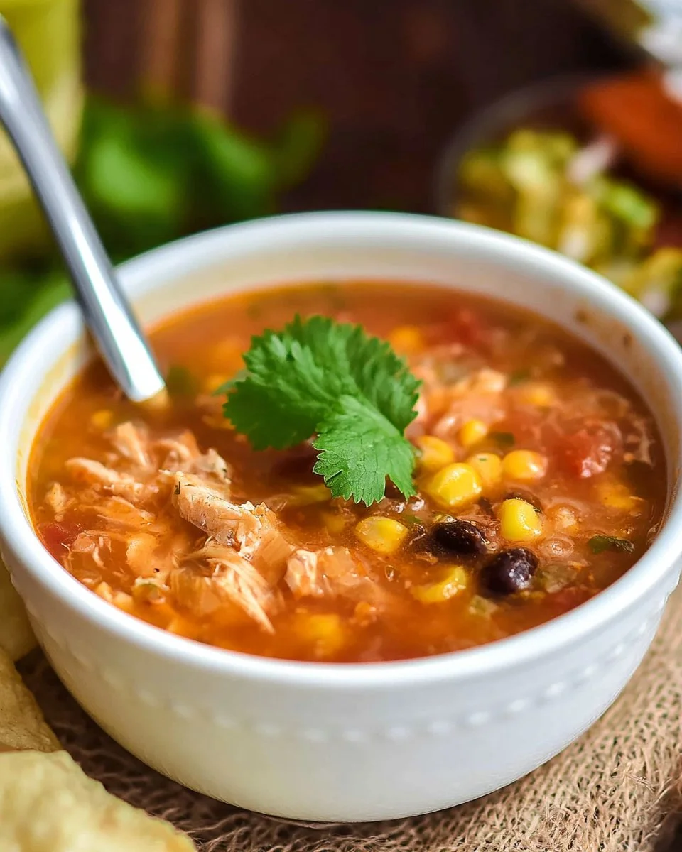 Bowl of savory Chicken Tortilla Soup topped with crispy tortilla strips