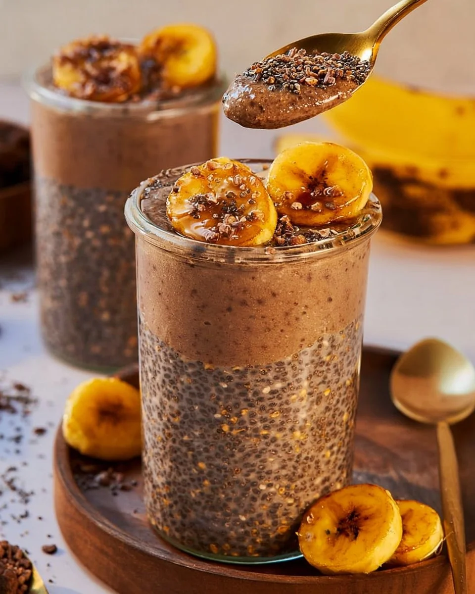 Chocolate Banana Bread Chia Pudding topped with banana slices and chocolate chips