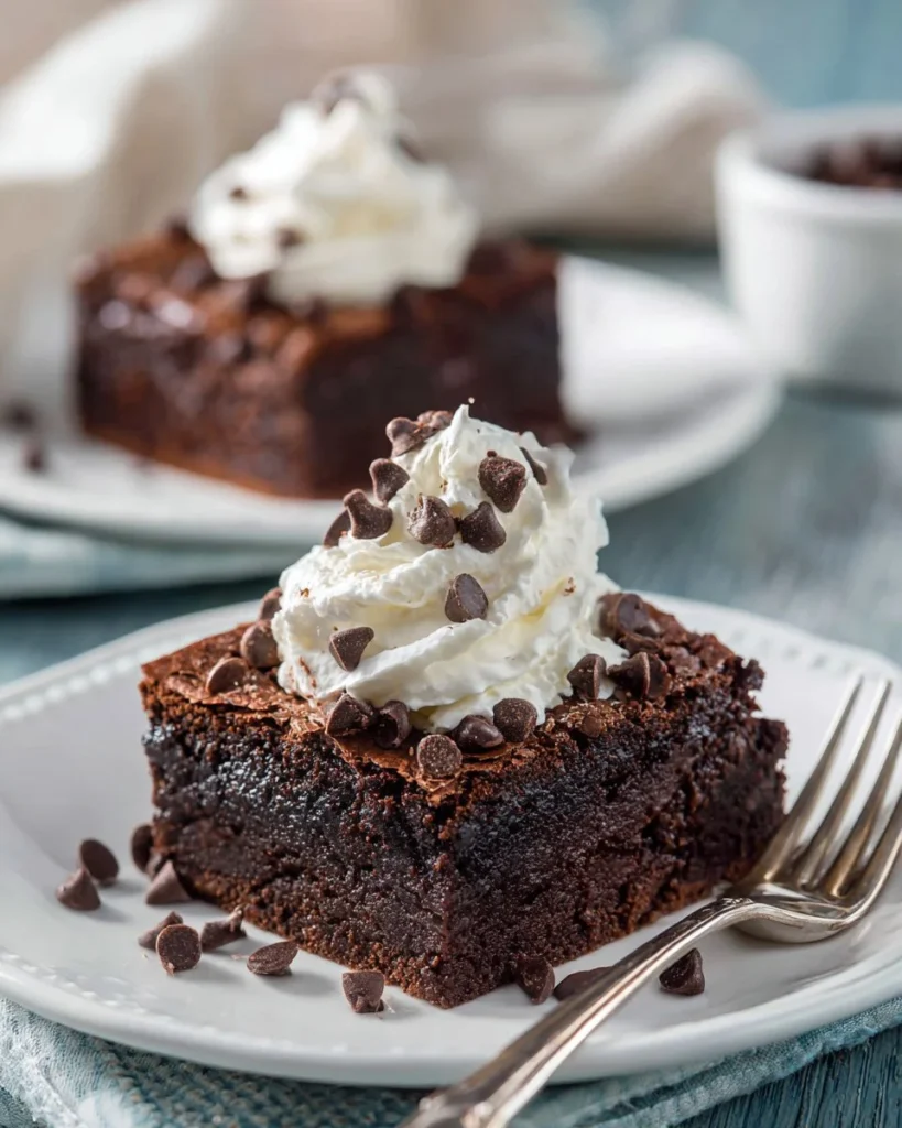 Slice of delicious homemade chocolate cake topped with chocolate frosting