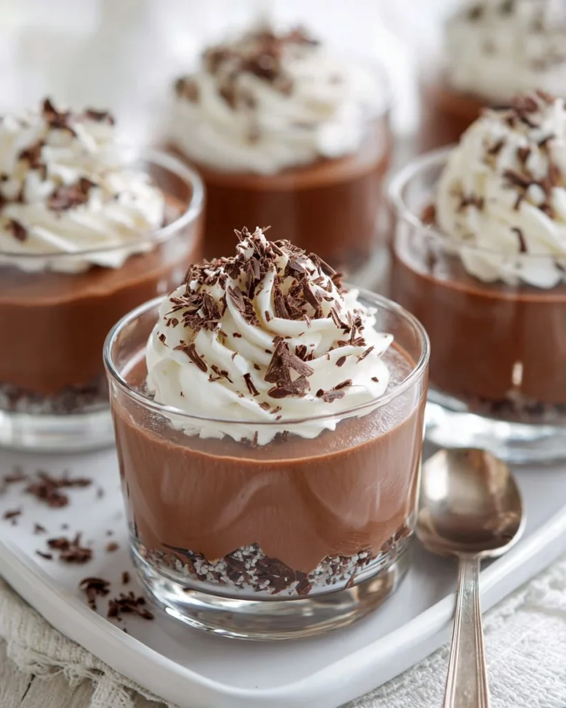 Delicious homemade chocolate mousse served in a elegant glass dish