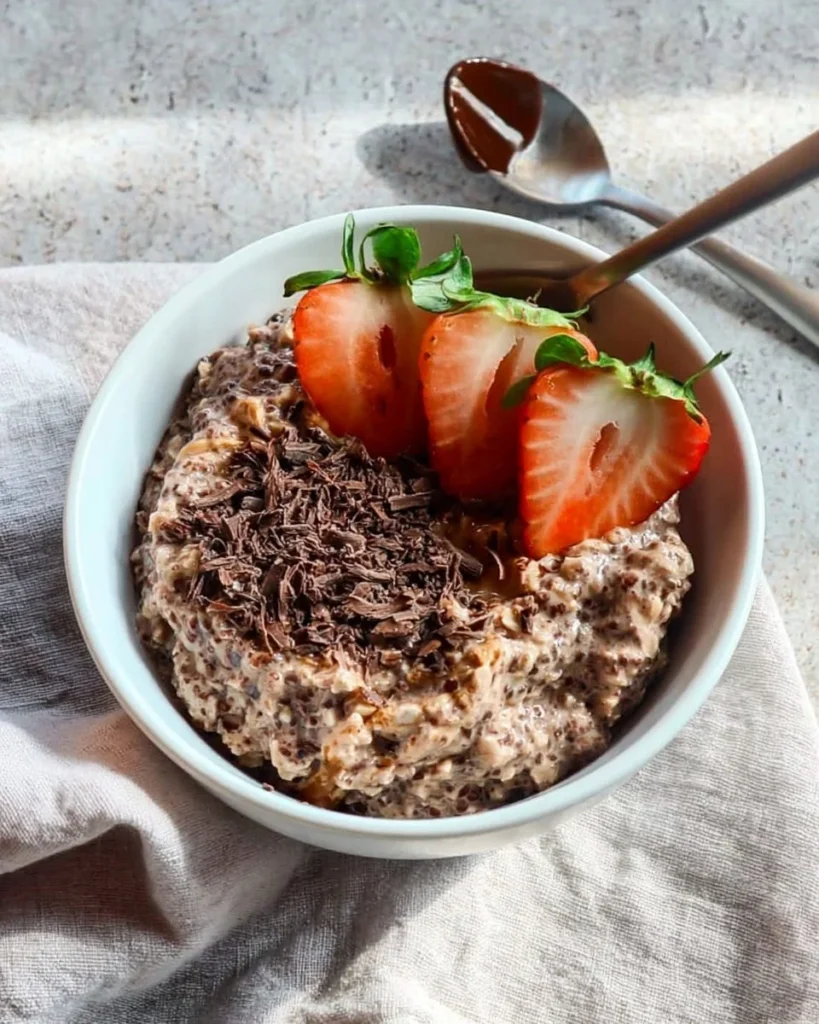 Chocolate peanut butter overnight oats in a jar topped with chocolate chips and peanuts
