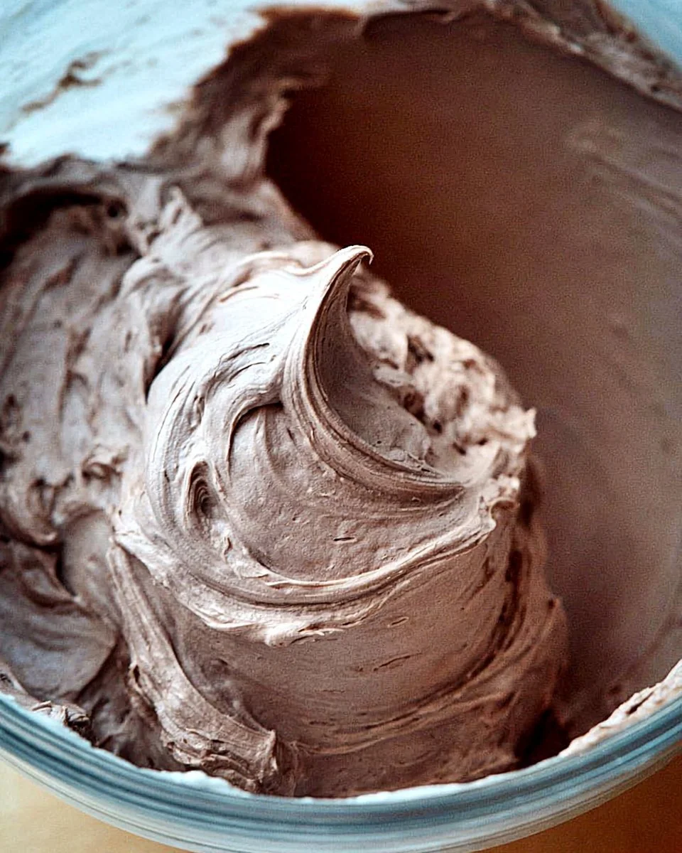 Delicious chocolate whipped cream cheese frosting on a chocolate cake