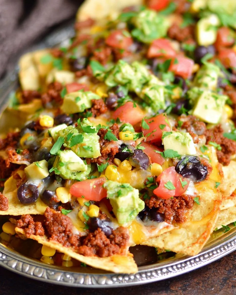 Plate of chorizo nachos topped with cheese, jalapeños, and salsa.
