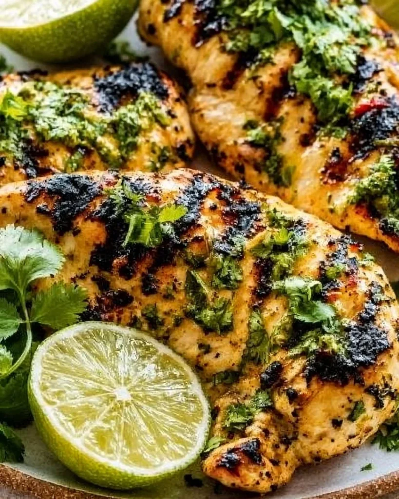 Juicy cilantro lime chicken breast garnished with fresh herbs and lime wedges
