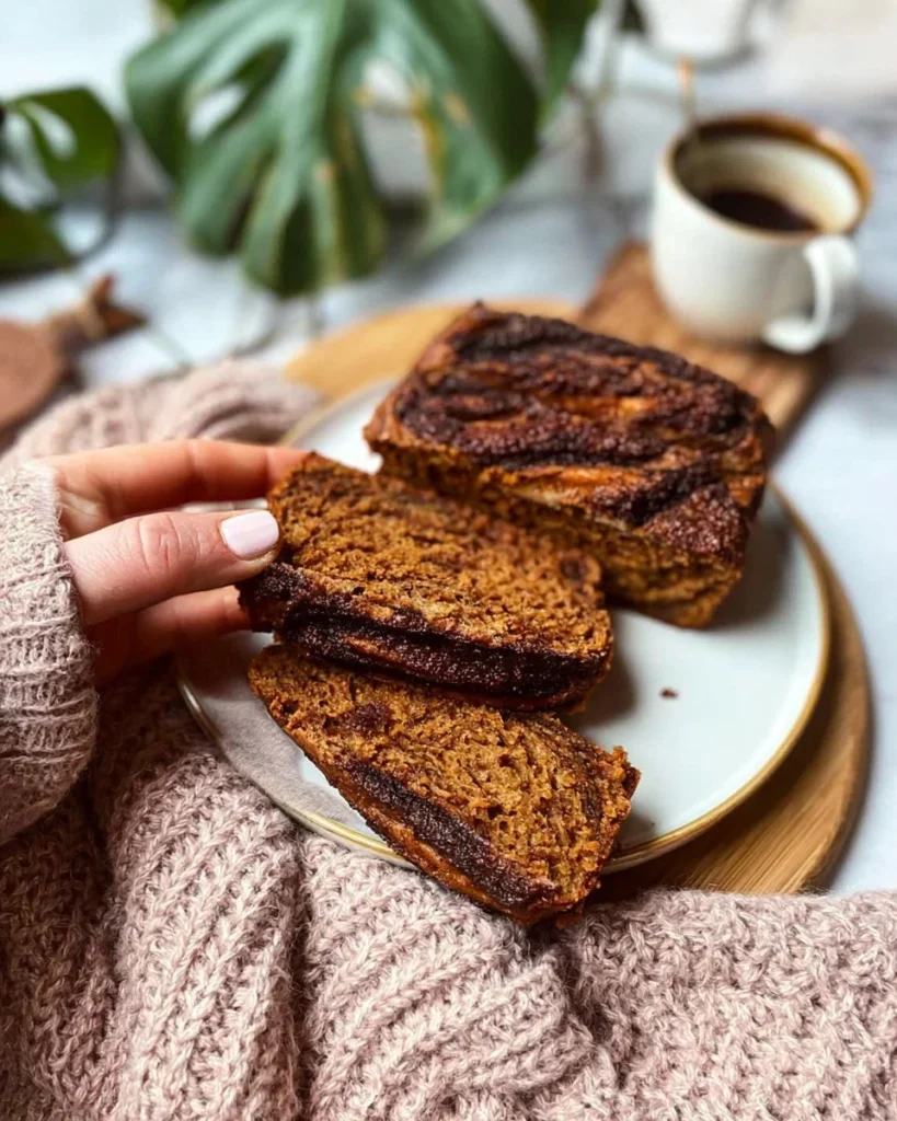Sliced cinnamon swirl pumpkin banana bread on a wooden table