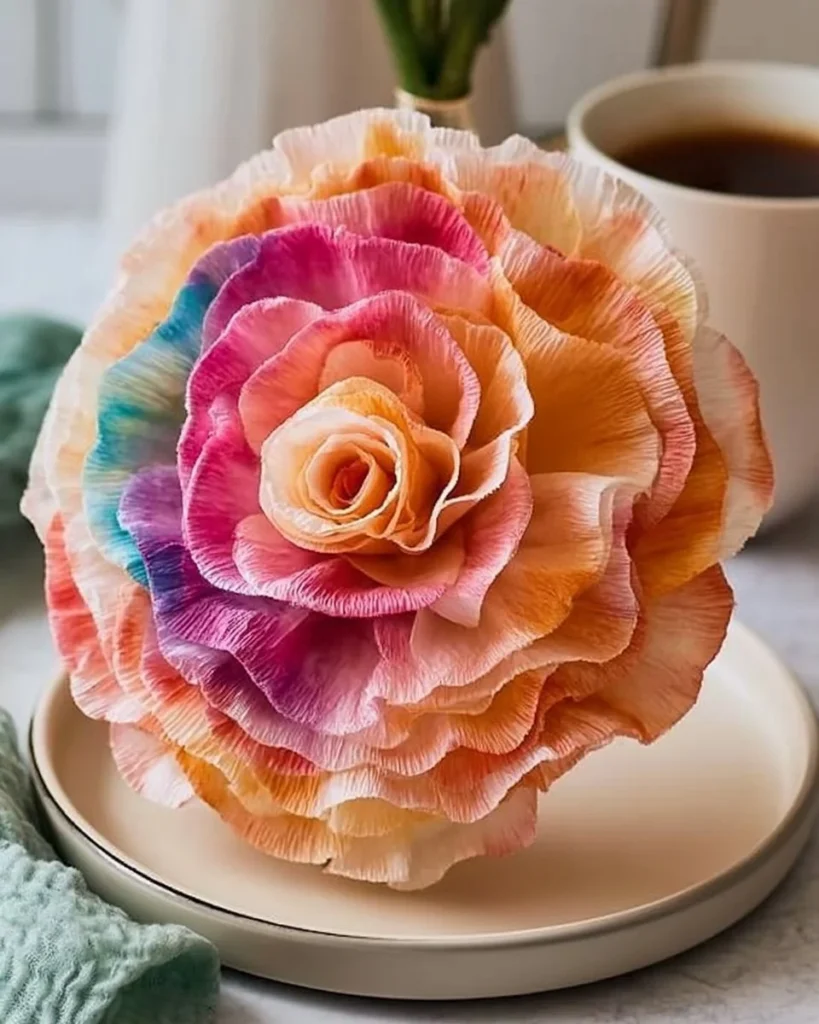 Colorful coffee filter flowers arranged in a decorative vase.
