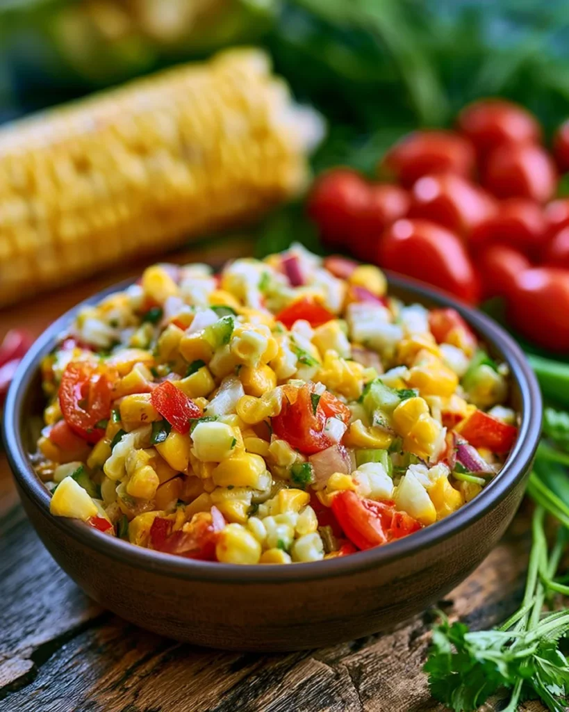 Delicious cold corn salad with fresh vegetables and herbs