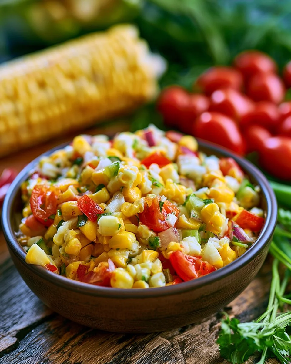 Delicious cold corn salad with fresh vegetables and herbs