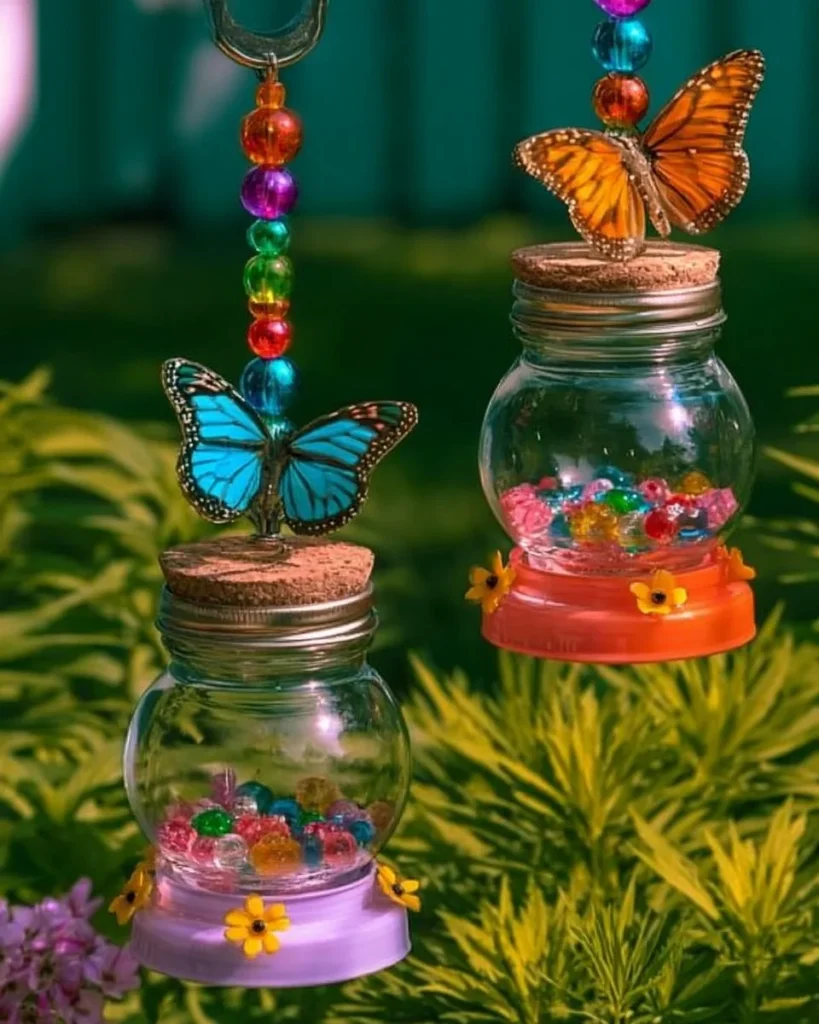 Colorful butterfly nectar feeders designed to attract butterflies in gardens.