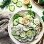 Delicious creamy cucumber salad served in a bowl