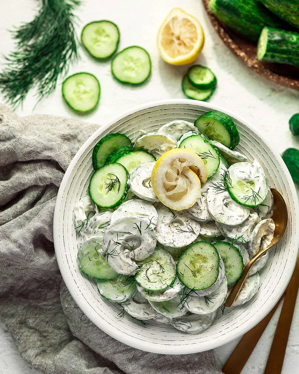 Delicious creamy cucumber salad served in a bowl