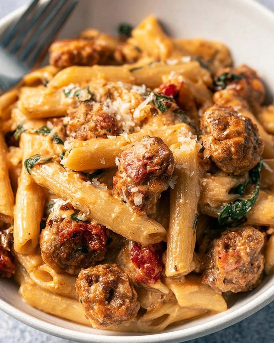 Creamy sausage pasta dish with herbs and cheese