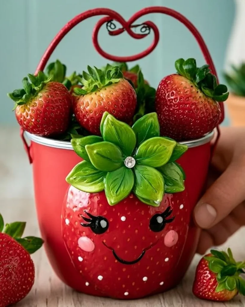 Charming strawberry tin can planter filled with vibrant strawberries for home decor