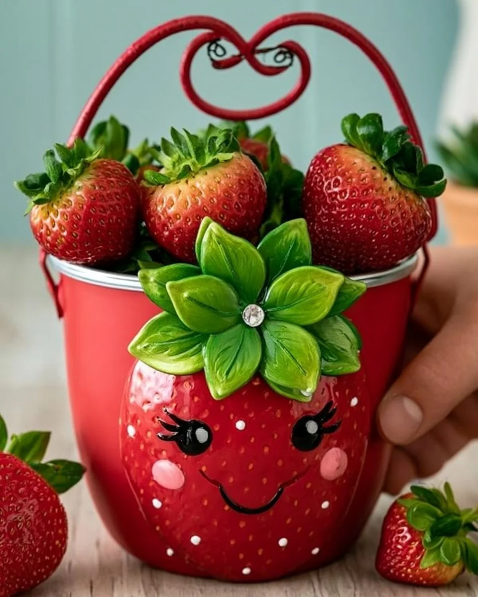 Charming strawberry tin can planter filled with vibrant strawberries for home decor