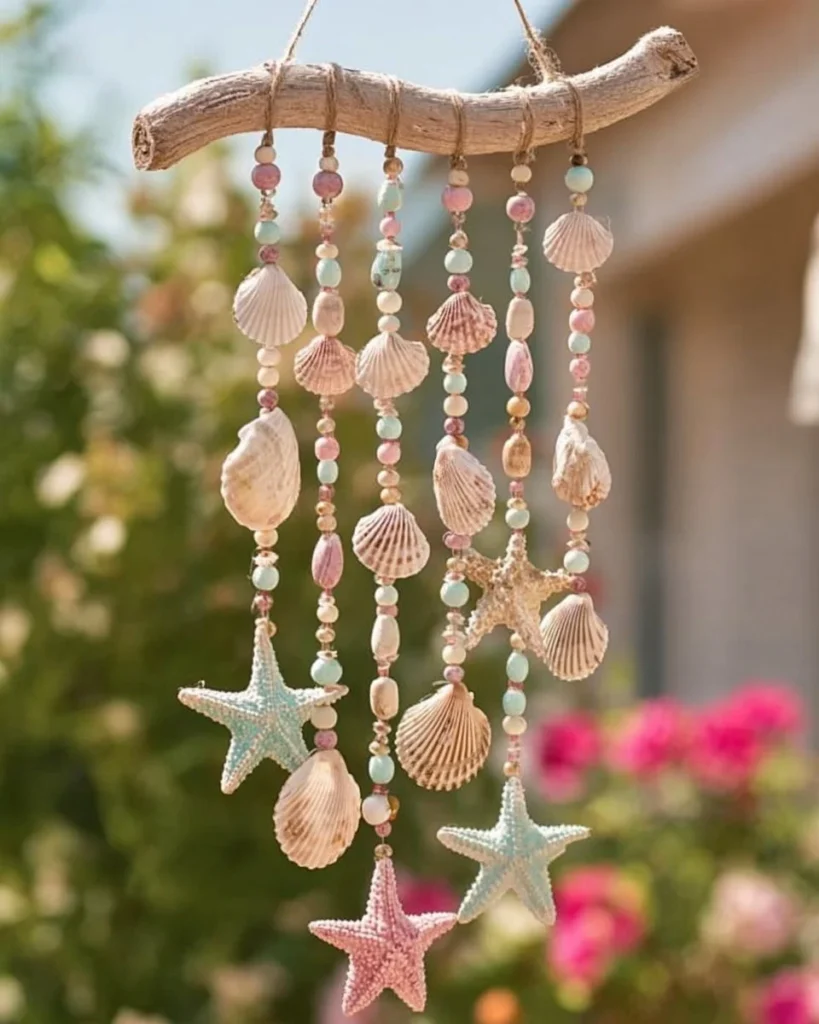 Handcrafted pastel seashell wind chime for home and garden decor