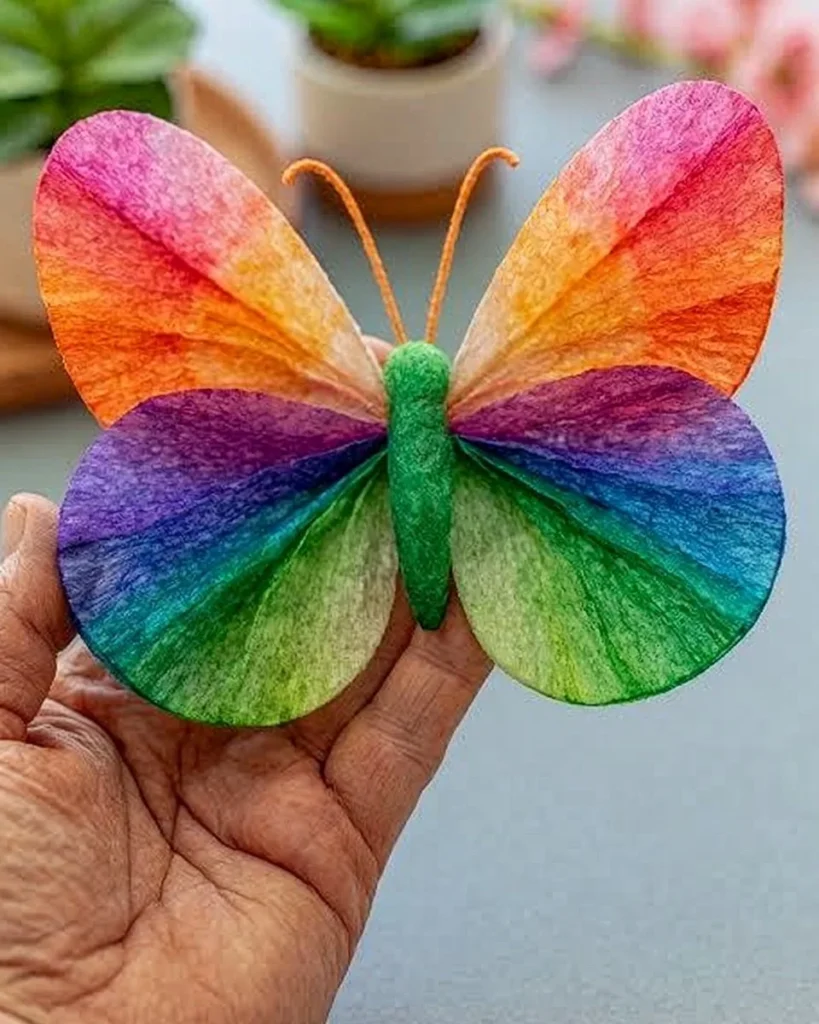 Colorful DIY coffee filter butterflies created by kids in a fun craft project.