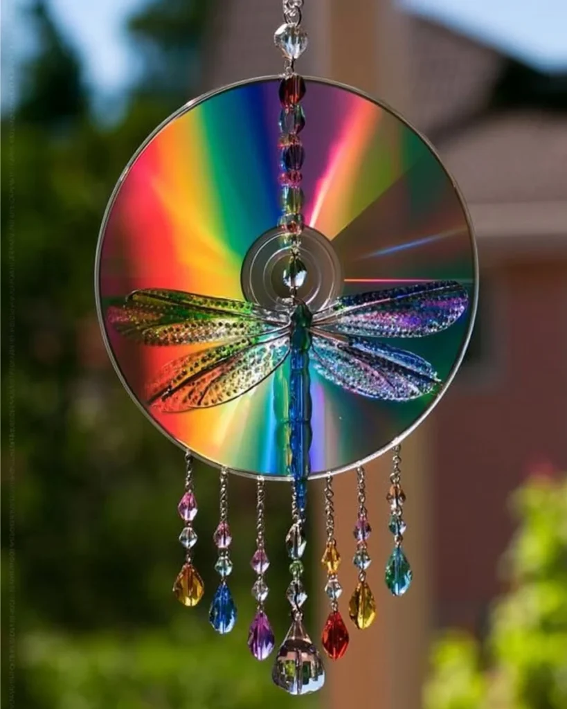 Sparkling rainbow dragonflies made from recycled CDs for sun catchers