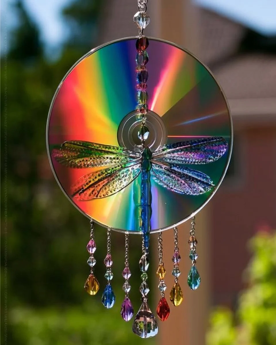 Sparkling rainbow dragonflies made from recycled CDs for sun catchers