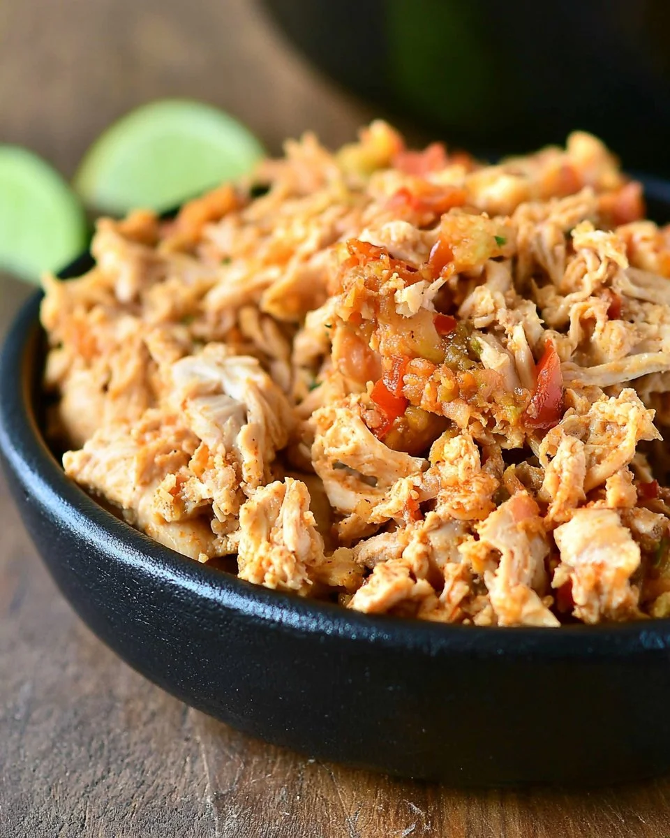 Crock Pot shredded salsa chicken served in a bowl with toppings