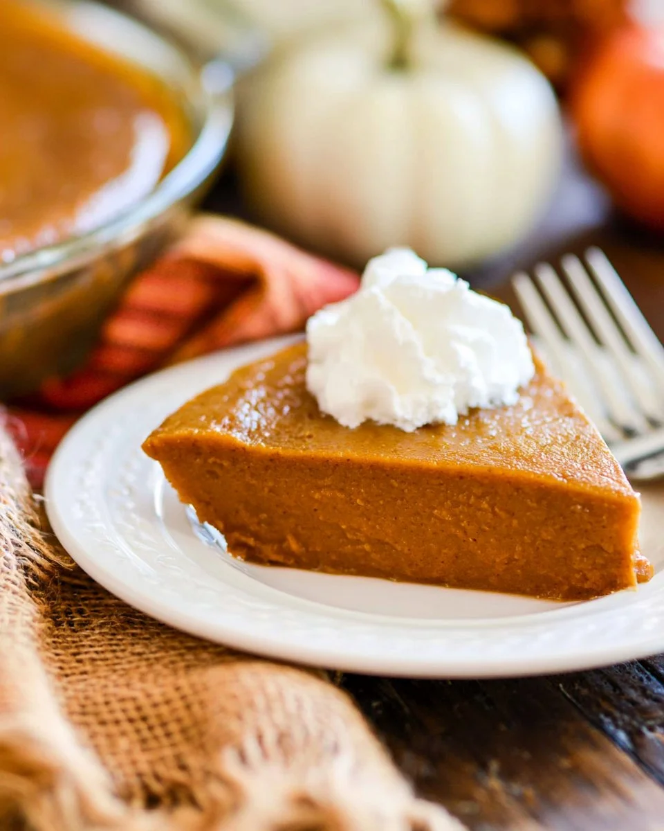 Delicious crustless pumpkin pie served in a rustic setting with autumn decorations