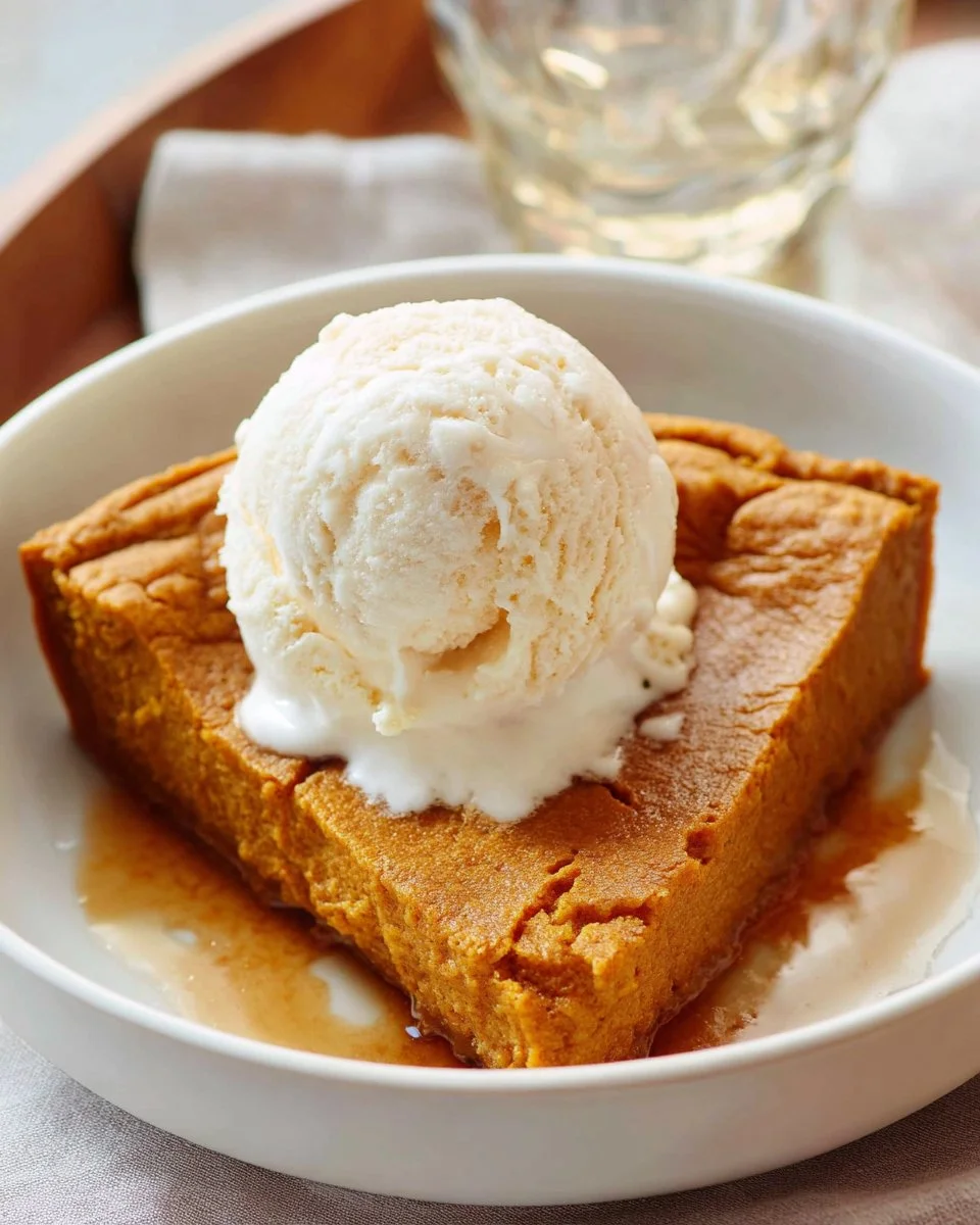 Slice of crustless pumpkin pie served on a plate