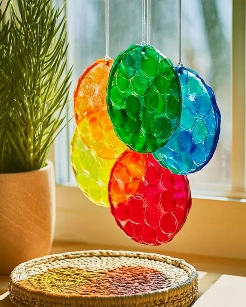 Colorful DIY bioplastic suncatchers hanging in a window