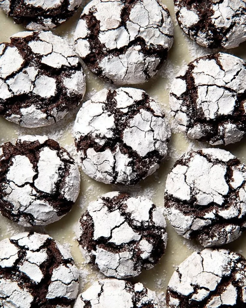 Delicious double chocolate crinkle cookies stacked on a plate.