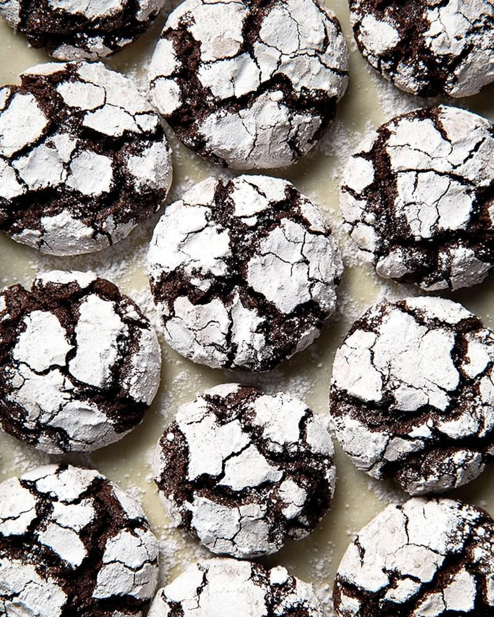 Delicious double chocolate crinkle cookies stacked on a plate.